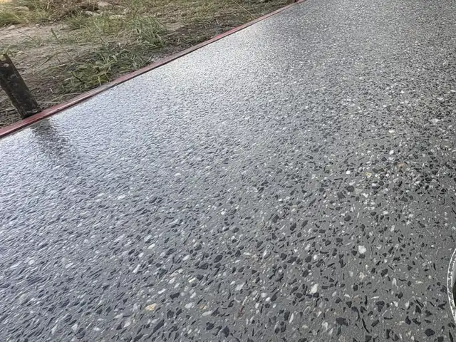 A dark salt and pepper exposed aggregate pathway beside a lawn in Karalee